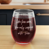 A personalized 15oz stemless wine glass filled with red wine, featuring optional personalized backside text. The elegant script design is ideal for milestone celebrations or as a thoughtful gift. Perfect for anniversaries.