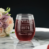 A personalized 15oz stemless wine glass filled with red wine, featuring the laser etched Vintage Aged to Perfection design with personalized year and text. Ideal for milestone birthdays.