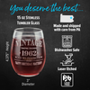 A personalized 15oz stemless tumbler glass featuring a laser etched Vintage Aged to Perfection design. Highlights include dishwasher safe, lead free, made in PA, and laser etched for durability.