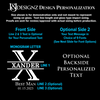 Graphic showing personalization options for custom engraved glassware by J&& Designz. It illustrates monogram lettering with an example 'X' for Xander, optional lines for personalized text like 'BEST MAN', and a date '01.15.2023'. Highlights include the choice of 9 fonts for backside personalization, proofing before production, and text sizing guidelines.