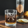 Personalized split monogram design on 13.5 oz laser-etched whiskey glass, with optional two lines of additional text. Ideal keepsake for weddings and special milestones.