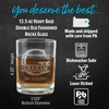 Promotional image for a 13.5 oz heavy base double old fashioned rocks glass, personalized with split monogram design. Features include a 4.25-inch height, 3.125-inch bottom diameter, dishwasher safe, laser etched design, and lead-free material. Made and shipped with care from Pennsylvania.