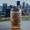 Etched Pittsburgh Map Libbey Can Glass with a detailed cityscape backdrop, ideal gift for Pittsburgh University and Duquesne University students, graduates and alumni.