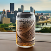 Etched Pittsburgh Skyline Can Glass - 16 oz laser-engraved drinkware with city map design, perfect for Pittsburgh lovers and unique gift seekers.