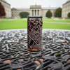 Precision etched highball glass with State College, PA street map design, set on a textured table with the iconic Penn State University Old Main building in a blurred background, perfect for graduation gift,  birthday or other special occasion.