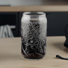 Custom 16oz can style glass with detailed laser etched city street map design of Blacksburg, VA, featuring Virginia Tech University. Perfect for unique glassware collections. Ideal for birthdays, graduations, and special occasions.