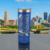 Blue stainless steel tumbler featuring a laser etched map of Pittsburgh, PA, displayed with the city skyline and iconic yellow bridges in the background. The tumbler captures local landmarks, making it a perfect gift for Pittsburgh enthusiasts.