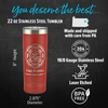 Red 22oz stainless steel tumbler with a personalized Maltese cross design. The graphic highlights the product 18/8 gauge stainless steel construction, laser etching, and BPA-free materials. Made and shipped from Pennsylvania.
