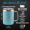 15oz stainless steel mug with handle, laser etched. Made from 18/8 gauge stainless steel, BPA free, 4.875” height, 3.375” diameter. Produced and shipped from PA. Durable, stylish, perfect for hot and cold beverages.