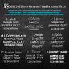 Nine font options for personalized laser etching, displayed on a black chalkboard background. The fonts are each shown with sample text and numbers for custom engraving choices.