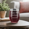 Personalized 15oz stemless wine glass with optional backside text laser etched design. Perfect for milestone birthday gifts, this dishwasher safe glass is customizable and made locally. Ideal for celebrations and keepsake gifts.