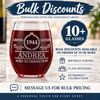 Bulk discounts available for orders of 10 or more personalized wine glasses; contact J & J Designz for pricing.