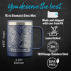 Stainless steel 15oz insulated mug featuring a laser-etched map of State College, PA, showcasing precise street lines and coordinates 40°47'43.7"N 77°51'41.8"W. The mug is crafted from durable 18/8 gauge stainless steel, BPA-free, and designed for long-lasting quality. Phrases like "You deserve the best" and "Made and shipped with care from PA" emphasize its craftsmanship. The image highlights dimensions: 4.875 inches in height and 3.375 inches in diameter, making it a functional and stylish choice for travel, office, and everyday use.