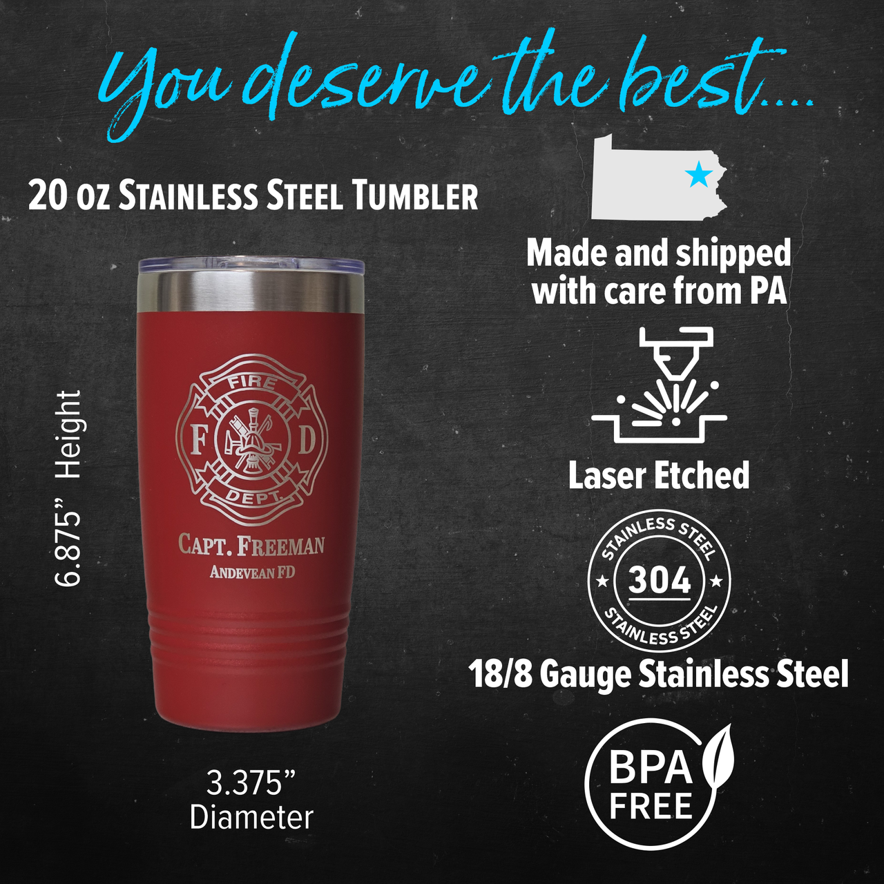 20 oz Personalized Firefighter Insulated Stainless Steel Tumbler with  Slider Lid - Custom Laser Engraved Coffee Mug for Fire Department Personnel  - 16 Color Options - J & J Designz