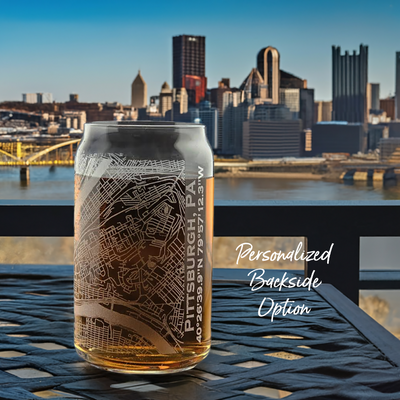 Custom Pittsburgh Street Map Etched Glass with Personalized Backside Text Option, displayed on a table with the Pittsburgh skyline in the background, perfect for memorabilia and gifts.