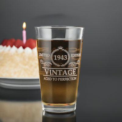 Laser etched 16oz pint glass with Limited Edition Aged to Perfection design, personalized with choice of year. Perfect gift for birthdays, anniversaries, or milestone events. Dishwasher safe, produced in Olyphant, PA.