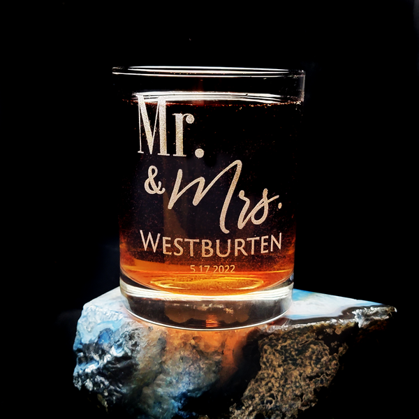 Etched Mr and Mrs Double Rocks Glass, Personalized Couples Whiskey, Custom Wedding Anniversary Couple Gift, Engraved Monogram Scotch Glasses