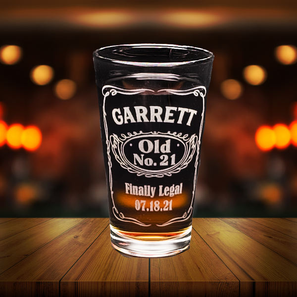 Etched Birthday Whiskey Label Jack Daniels Design Personalized on 16oz Libbey Pint Glass;