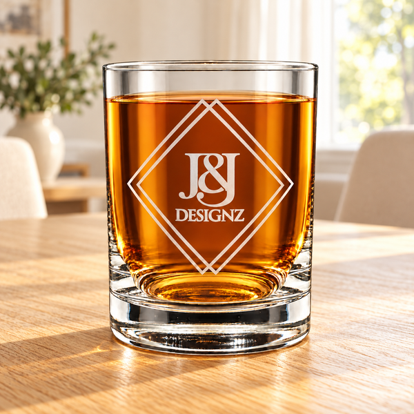 Whiskey-filled rocks glass with a frosted J&J Designz logo and double diamond outline on a sunlit dining table.