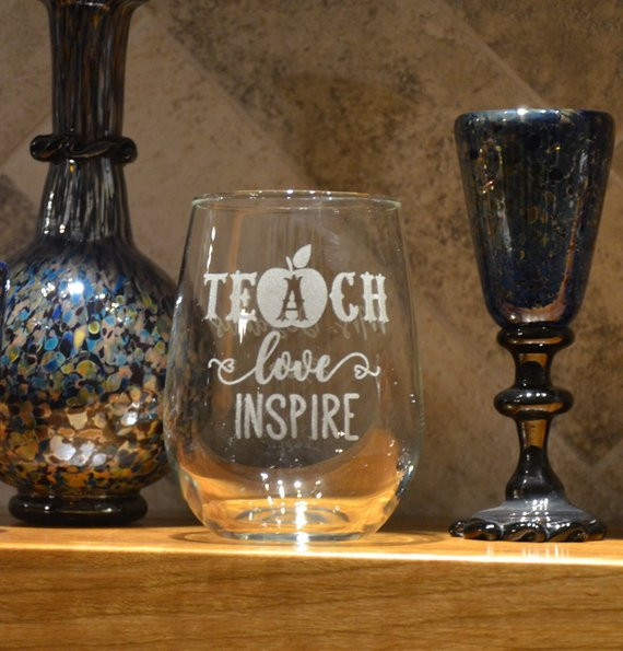 Teach Love Inspire Stemless Wine Glass, Teacher Appreciation Glass, Personalized Teacher Stemless Wine Glass, Etched Teacher Tumbler