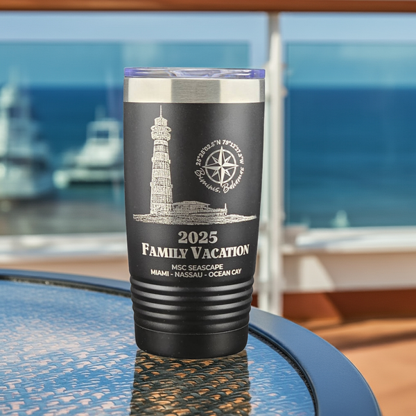 20oz Stainless Steel Tumbler with MSC Ocean Cay lighthouse sketch.  Personalized with your text.