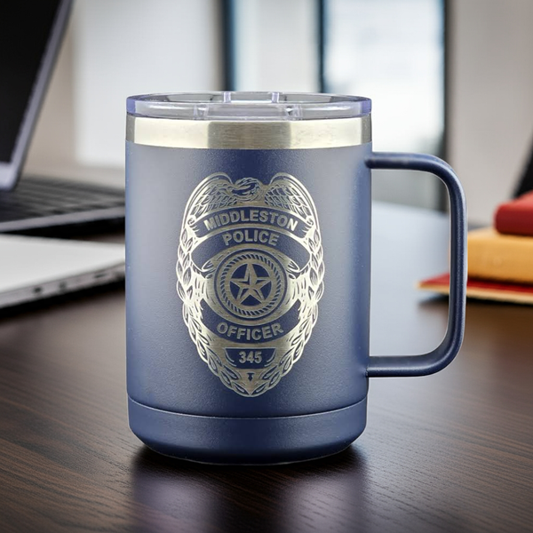 Personalized Police Badge Mug – Customized 15oz Stainless Steel Tumbler – 16 Colors - Durable Laser Etched Law Enforcement Coffee Cup Gift