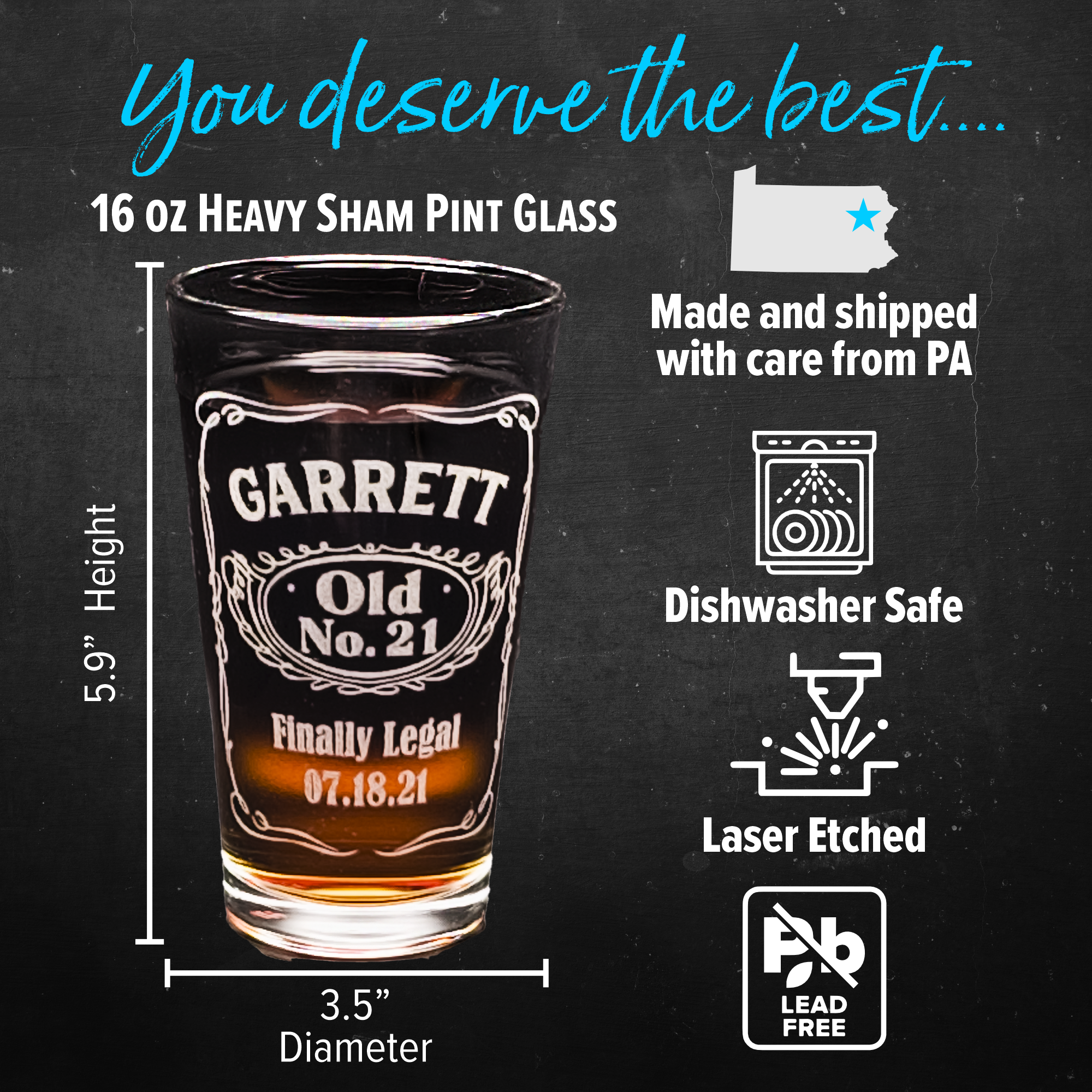 Engraved 16 oz. Personalized Drinking Glasses Bar Beer Drink Water