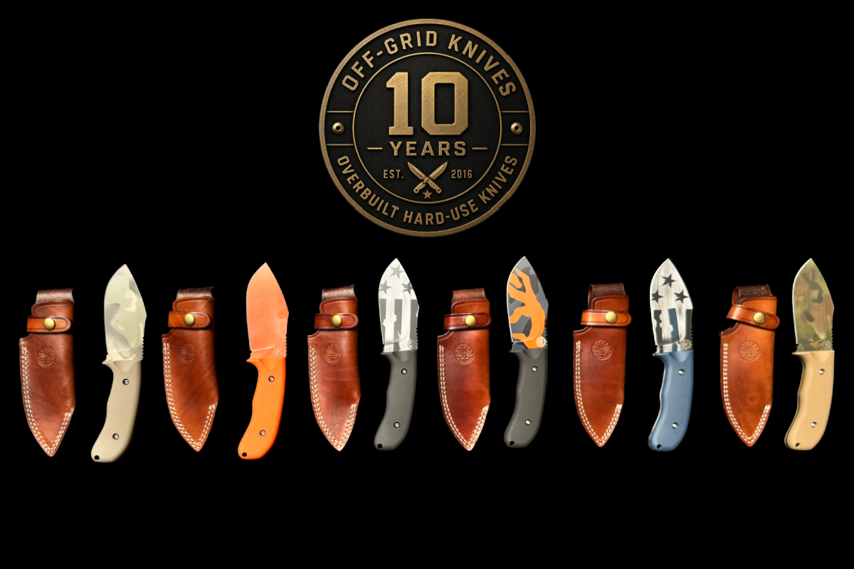 Six one-of-one Cerakote Alpha-Dogs with their leather sheaths