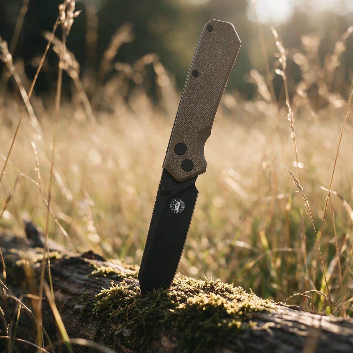 DownShift Desert Night tan canvas micarta handle in hand