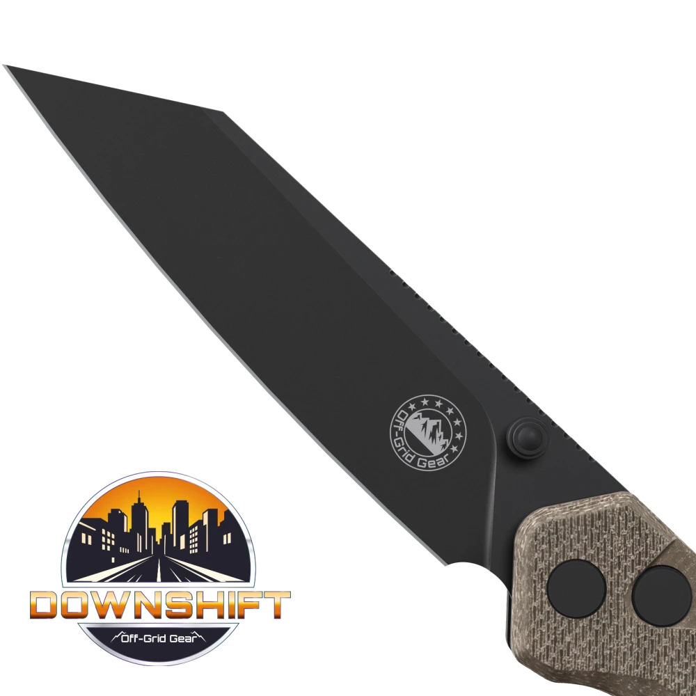 DownShift Desert Night modified wharncliffe blade in Sandvik 12C27 with PVD blackwash finish, CAD render