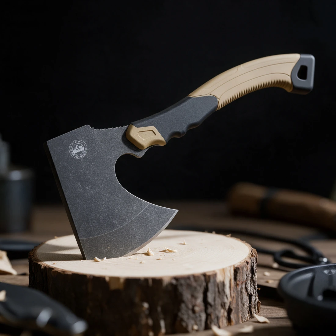 FieldGuard Scout Trailhead Tan compact camping hatchet, lifestyle shot