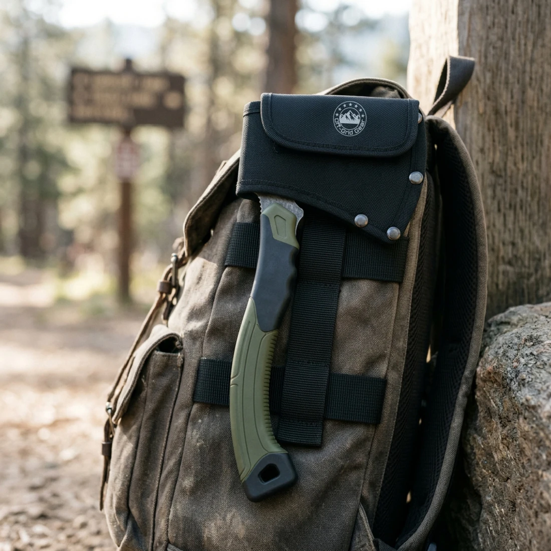 FieldGuard Scout Slate Green compact hatchet packed with camping gear, lifestyle shot
