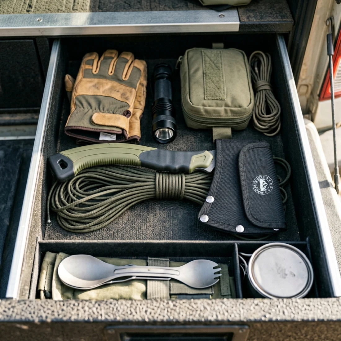 FieldGuard Scout Slate Green compact hatchet in a vehicle or camp kit, lifestyle shot