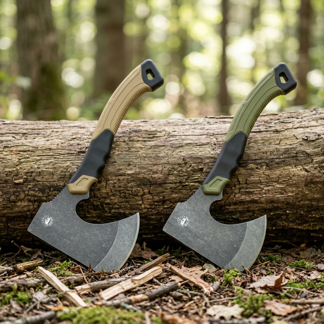 FieldGuard Scout compact camping hatchet at the campsite, lifestyle shot