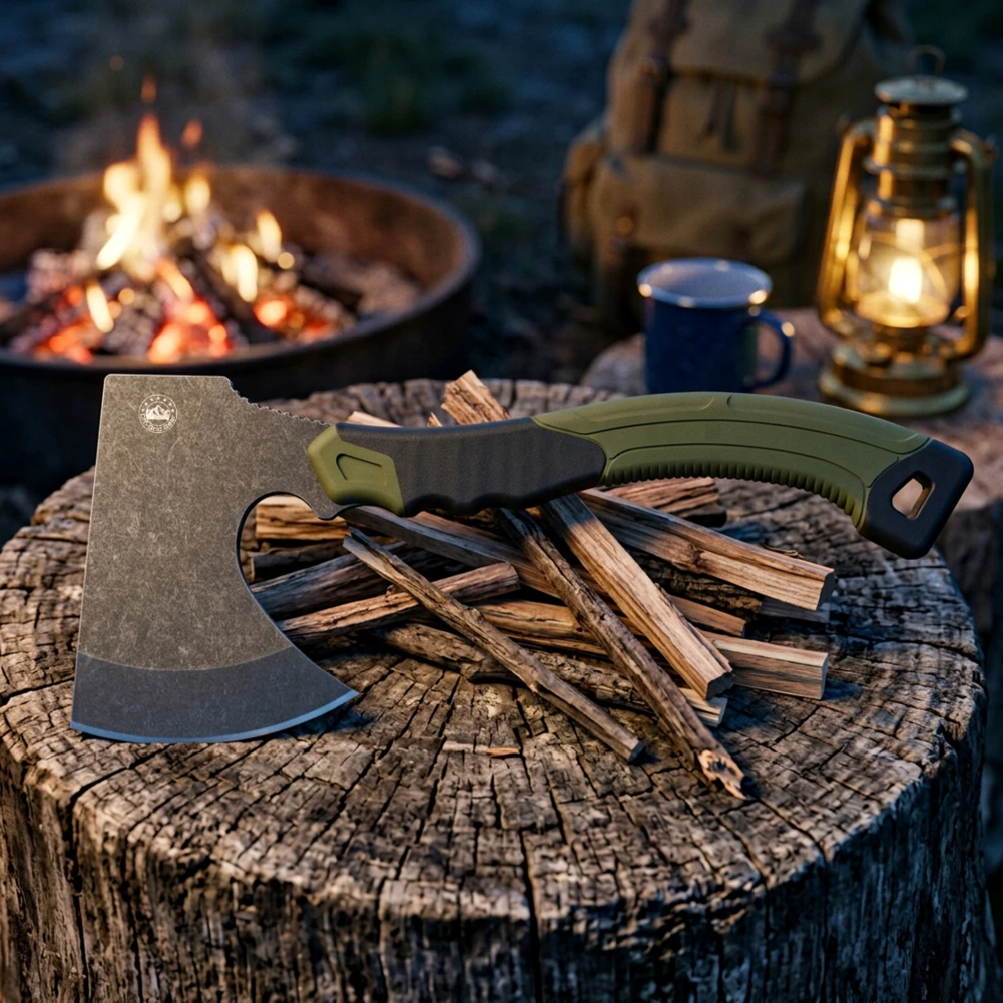 FieldGuard Scout Slate Green compact camping hatchet ready for the trail, lifestyle shot
