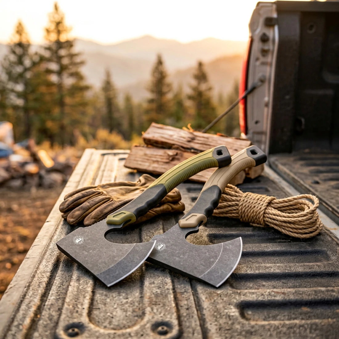 FieldGuard Scout compact hatchet packed with camping gear, lifestyle shot
