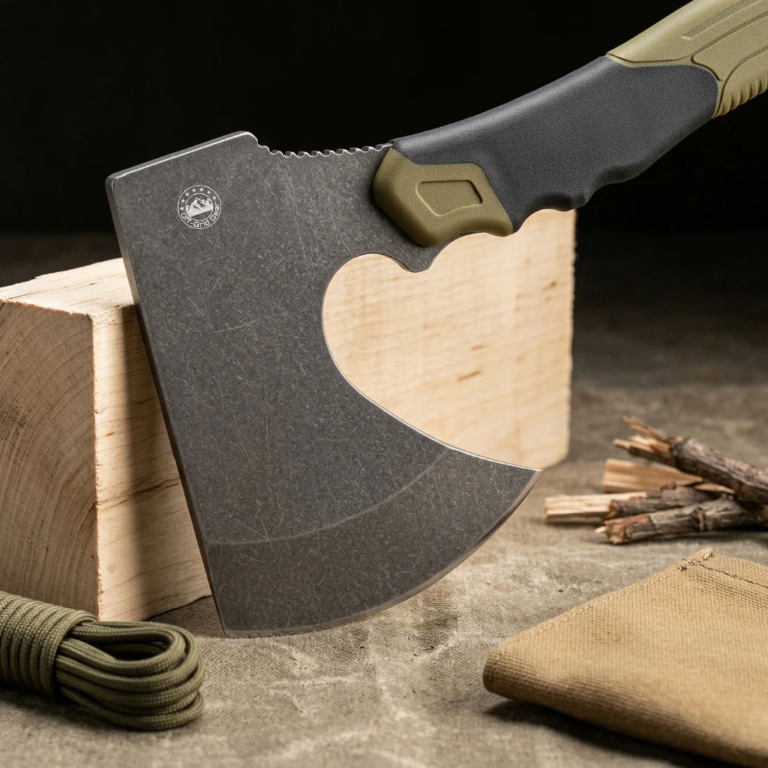 FieldGuard Scout Slate Green compact camping hatchet, lifestyle shot