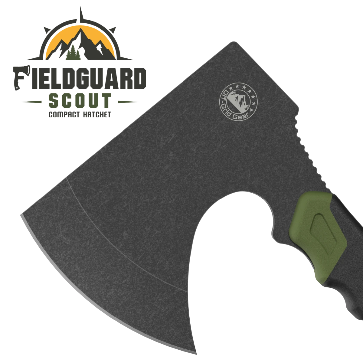 FieldGuard Scout Slate Green compact camping hatchet, 420HC stainless steel blackwash head, CAD render