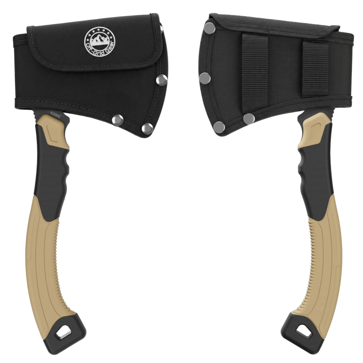 FieldGuard Scout Trailhead Tan fitted nylon sheath with hook-and-loop closure and Off-Grid Gear logo