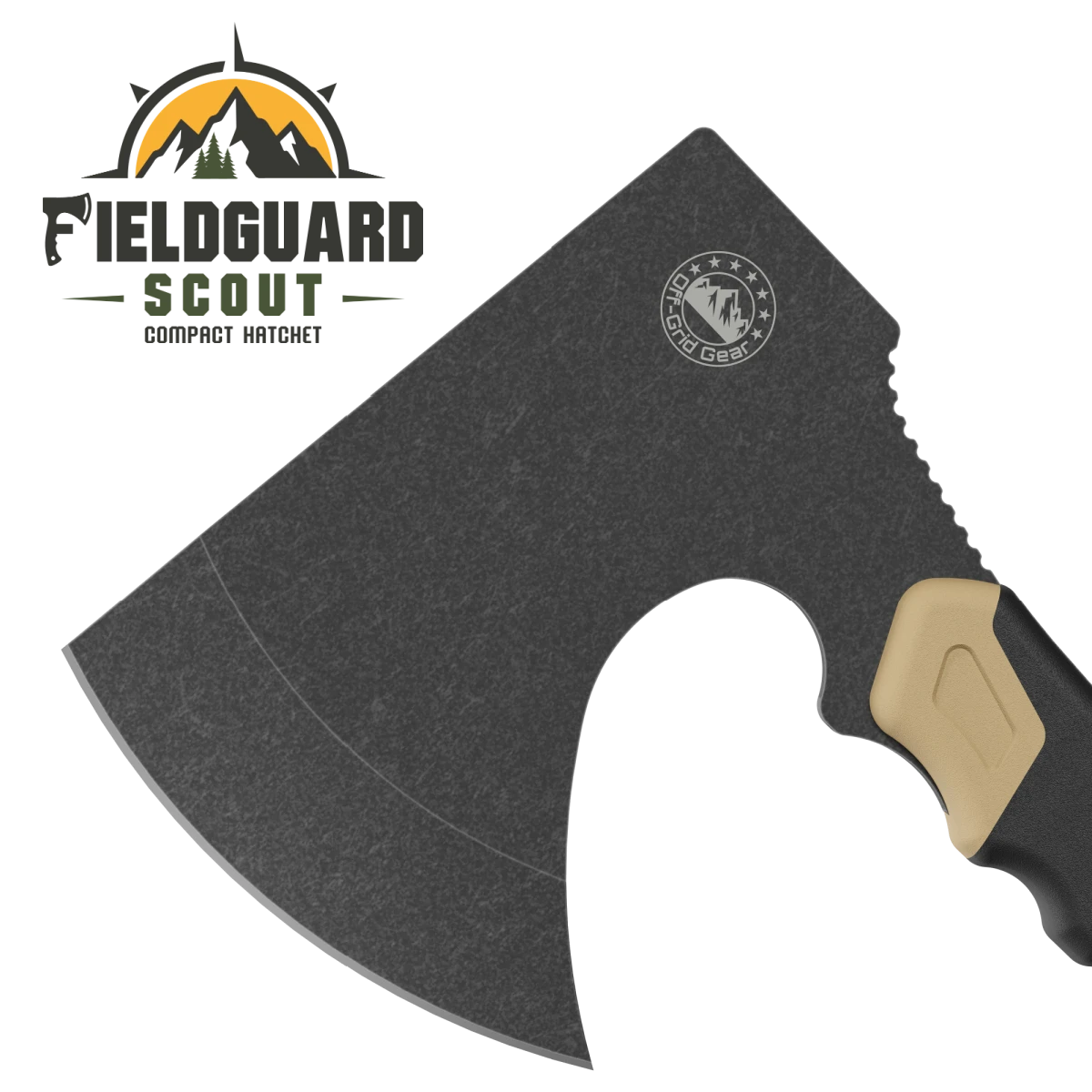 FieldGuard Scout Trailhead Tan compact camping hatchet, 420HC stainless steel blackwash head, CAD render