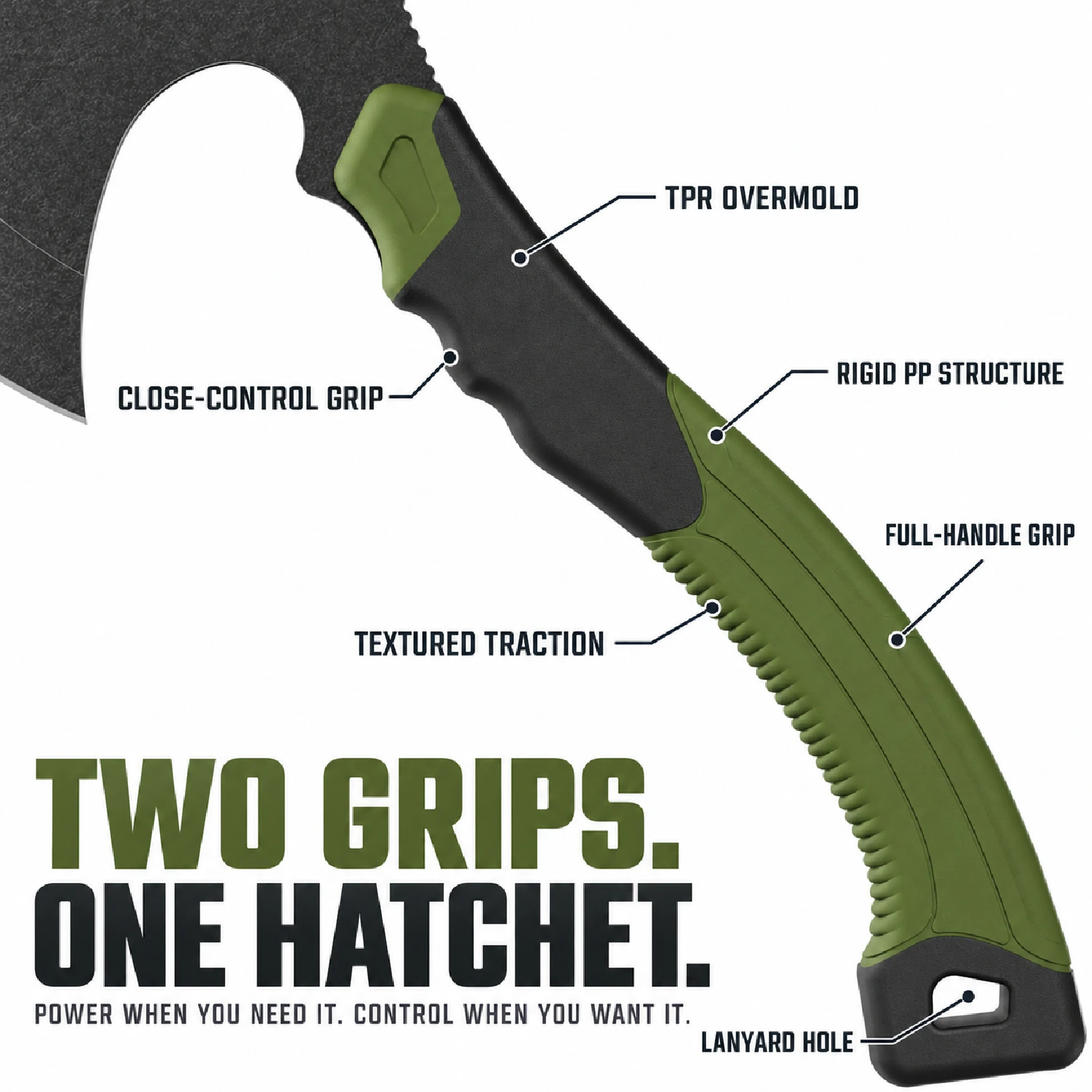 FieldGuard Scout contoured PP/TPR hatchet handle with jimping and lanyard hole, CAD render