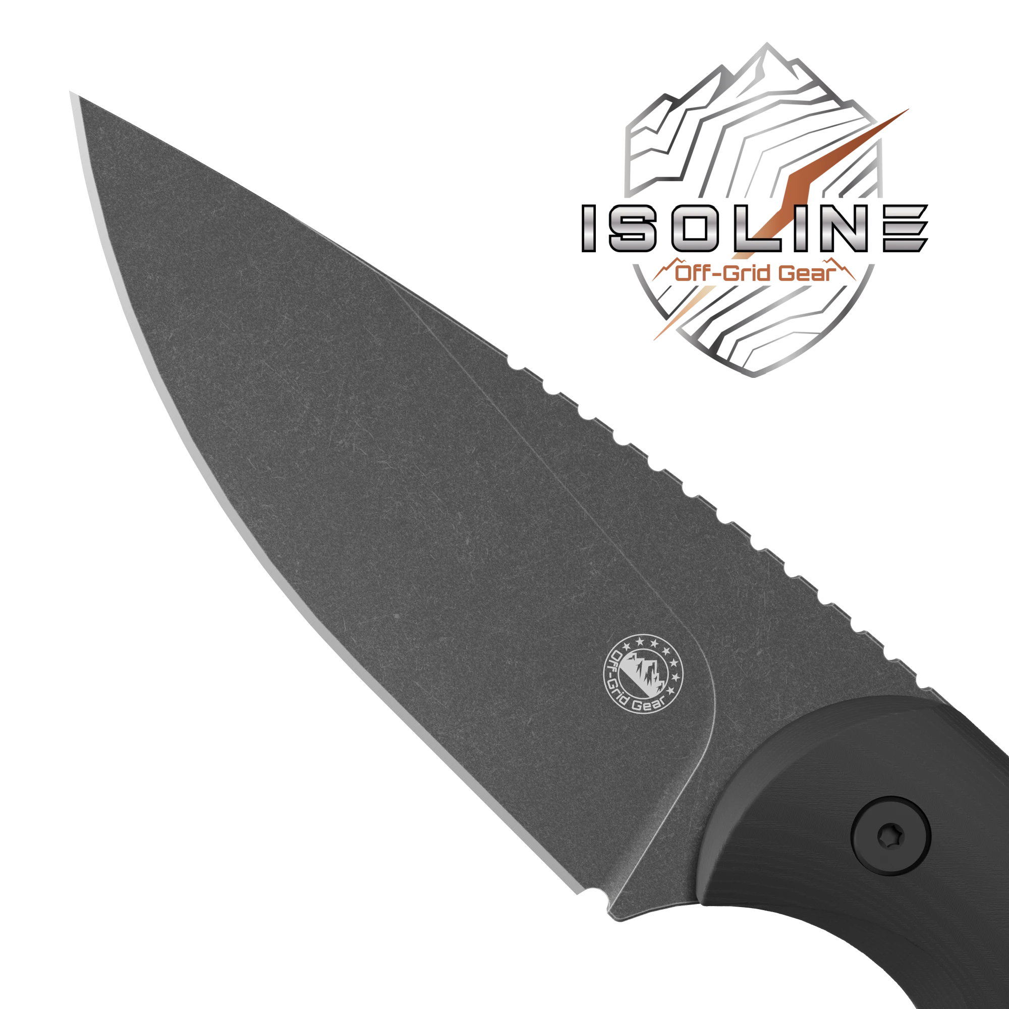 Isoline Nightfall black stonewashed 14C28N modified drop point blade with spine jimping, CAD render