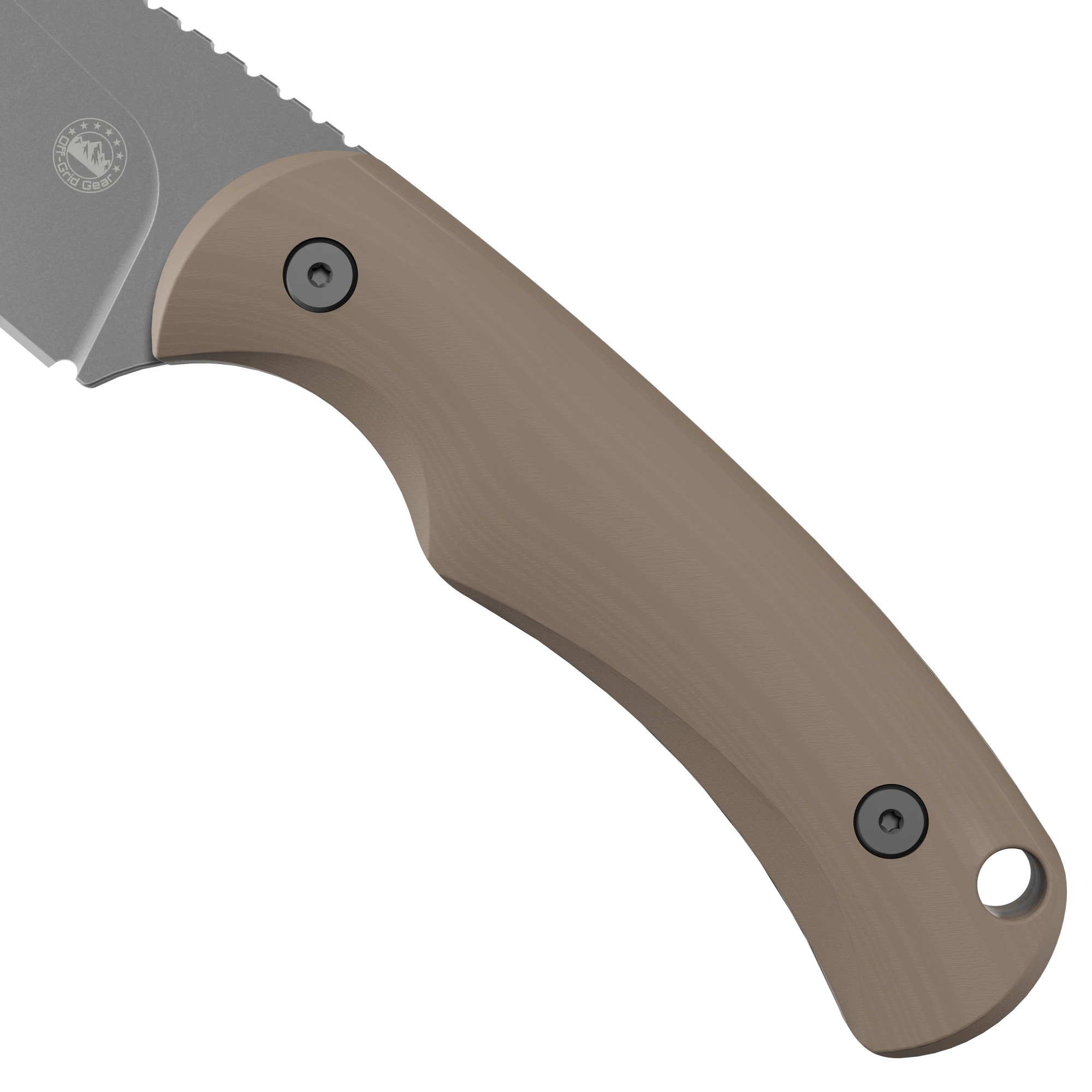 Isoline Desert Gray contoured tan G10 handle with lanyard hole, CAD render