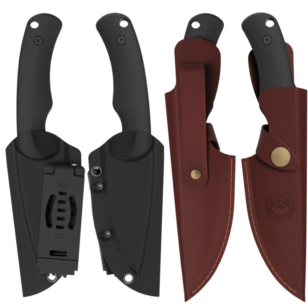 Isoline Nightfall with black Kydex sheath and brown leather sheath, CAD render
