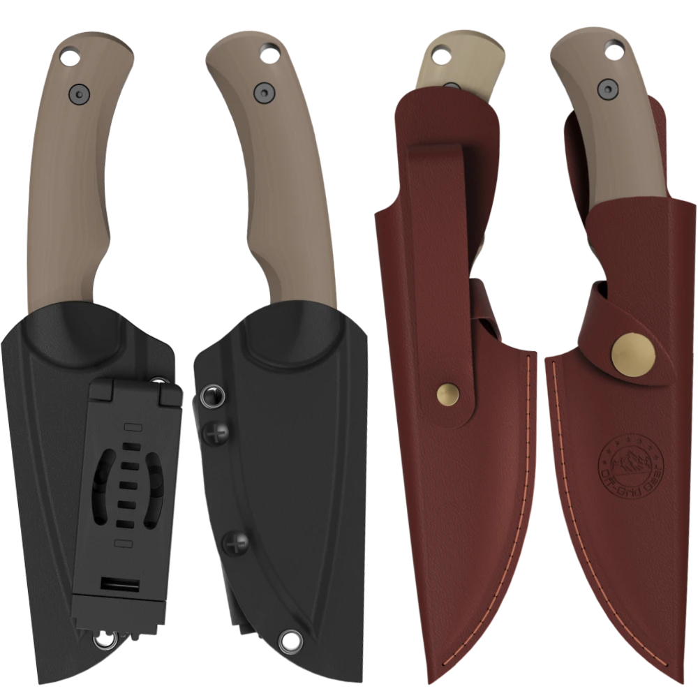 Isoline Desert Gray with black Kydex sheath and brown leather sheath, CAD render