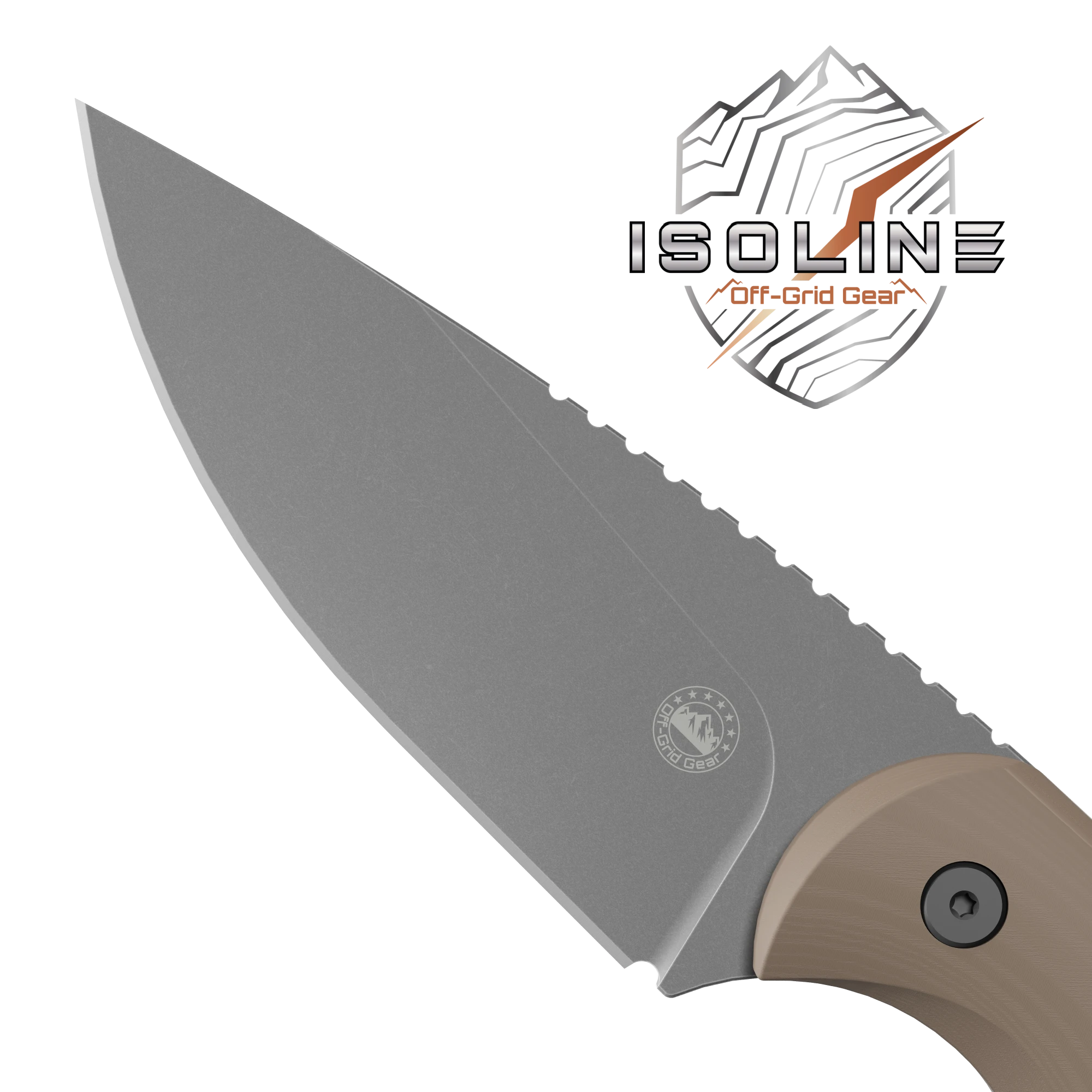 Isoline Desert Gray graywash stonewashed 14C28N modified drop point blade with spine jimping, CAD render