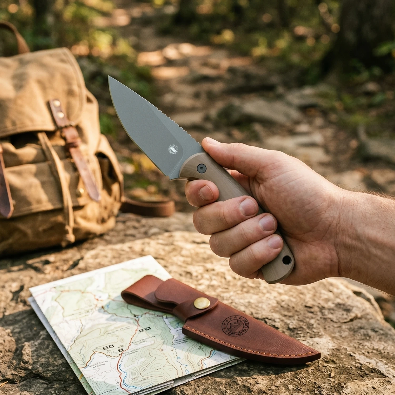 Isoline Desert Gray tan G10 fixed blade with both included sheaths, lifestyle shot