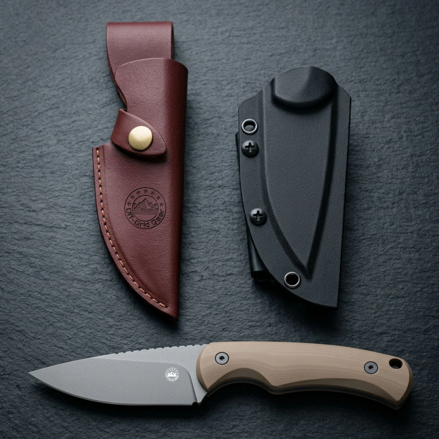 Isoline Desert Gray with black Kydex sheath and brown leather sheath