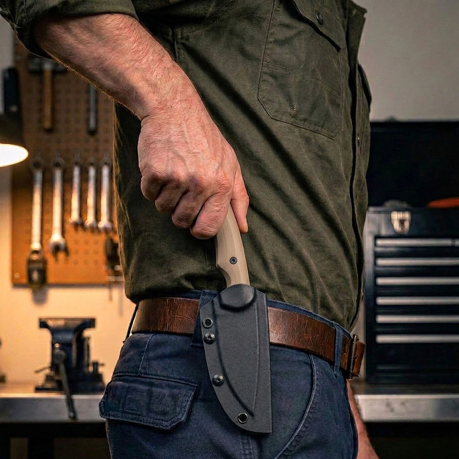 Isoline Desert Gray sheath carry, lifestyle shot