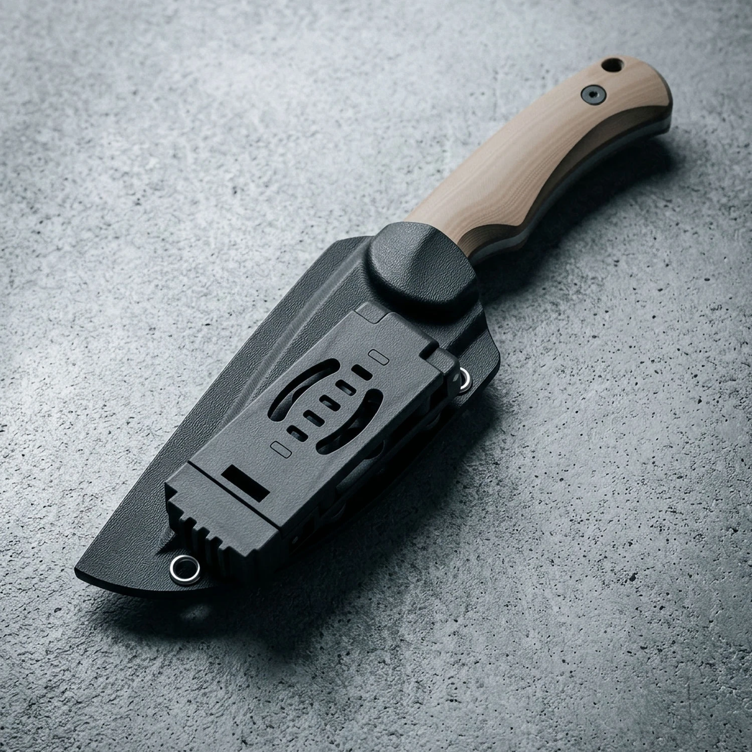 Isoline Desert Gray in brown leather sheath with snap closed, studio shot on a wood table